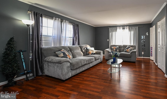 living room featuring dark hardwood / wood-style floors and ornamental molding