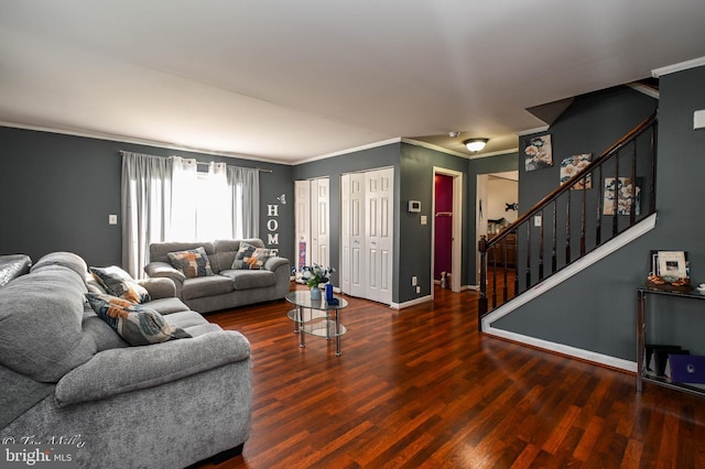 living room featuring crown molding and dark wood-type flooring