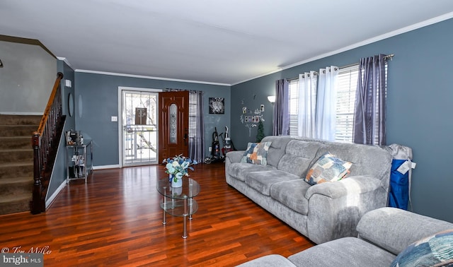 living room with dark hardwood / wood-style flooring and ornamental molding