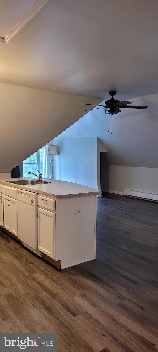 kitchen with white cabinetry, dark hardwood / wood-style flooring, dishwasher, and lofted ceiling