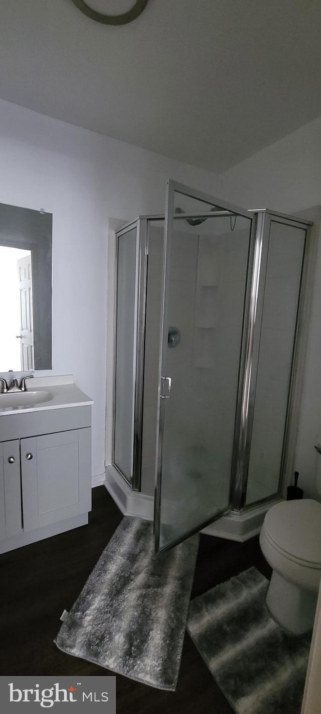 bathroom featuring vanity, toilet, a shower with shower door, and wood-type flooring