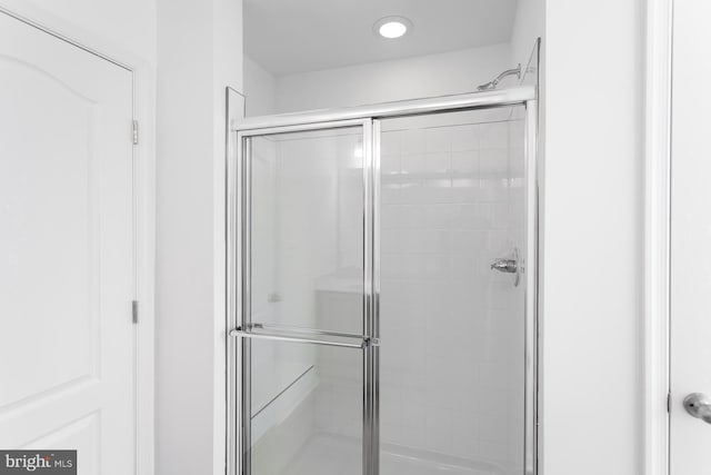 bathroom featuring a shower with shower door