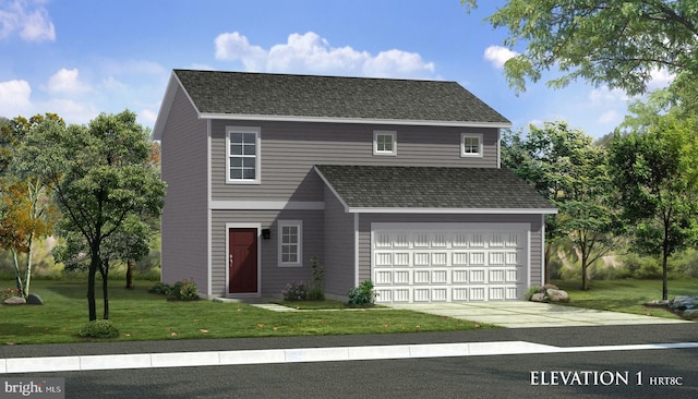 front facade with a garage and a front lawn