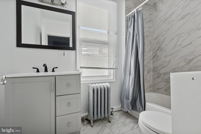 full bathroom featuring toilet, radiator heating unit, vanity, and shower / tub combo with curtain