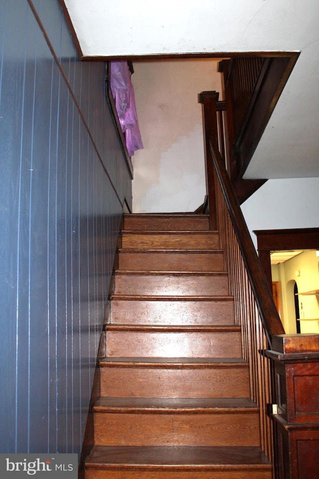 staircase featuring wood walls