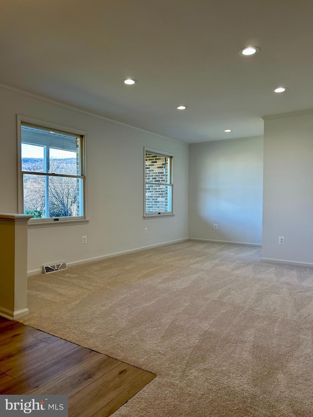 carpeted spare room featuring ornamental molding