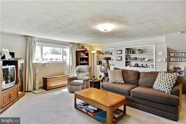 carpeted living room with a textured ceiling