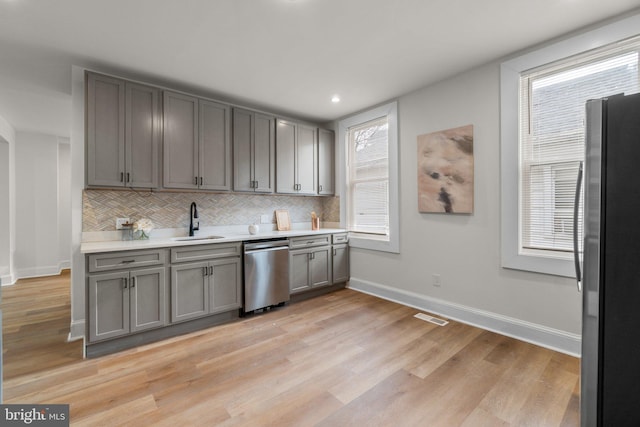 kitchen featuring sink, stainless steel appliances, light hardwood / wood-style floors, gray cabinets, and decorative backsplash