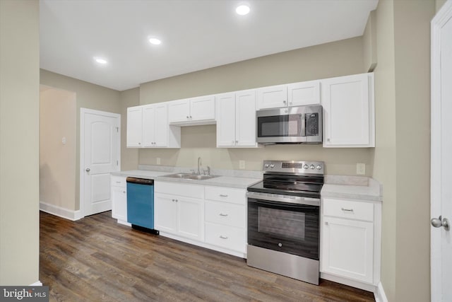 kitchen with sink, white cabinets, dark hardwood / wood-style floors, and appliances with stainless steel finishes