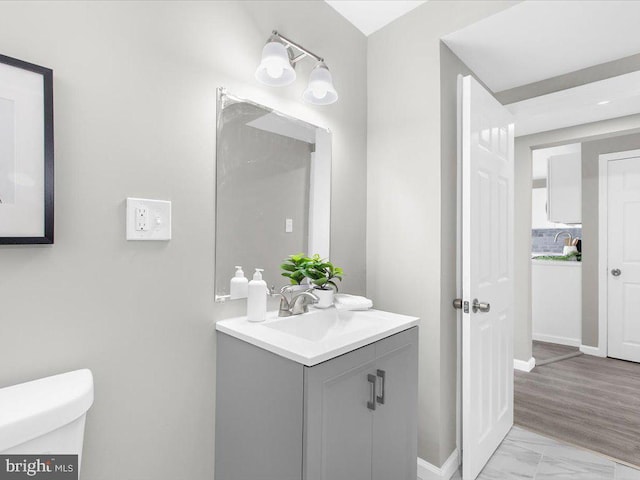 bathroom with hardwood / wood-style flooring, vanity, and toilet