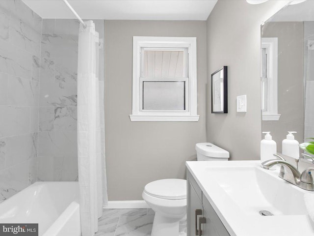 full bathroom with shower / tub combo, vanity, and toilet