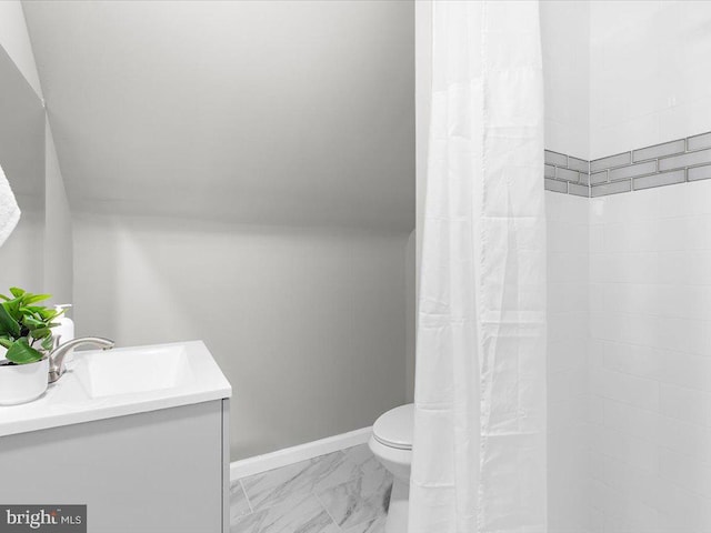 bathroom with vanity, curtained shower, and toilet