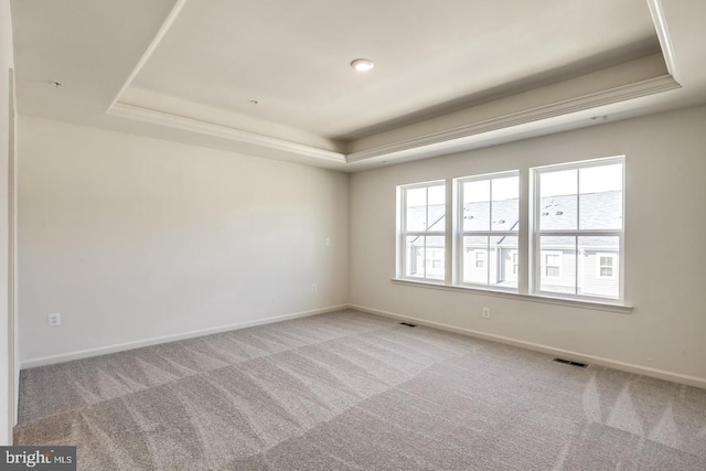 carpeted spare room featuring a tray ceiling and ornamental molding