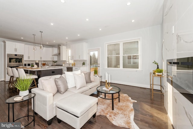 living room with sink and dark wood-type flooring