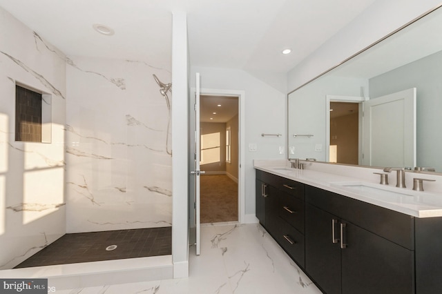 2418 Taney Rd, Baltimore, MD 21209 - full bathroom with marble tiled floors, double vanity, a marble finish shower, and recessed lighting