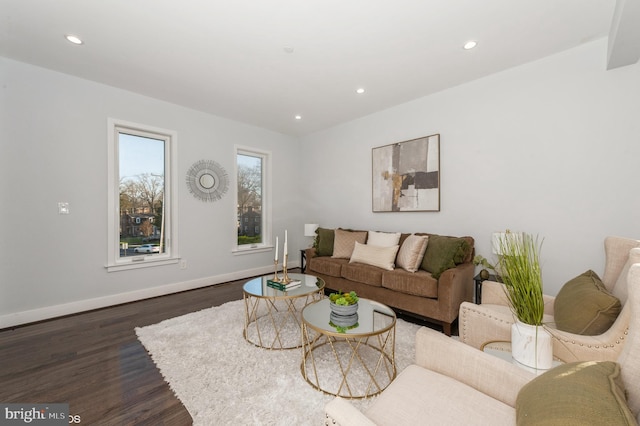 living room with dark hardwood / wood-style floors