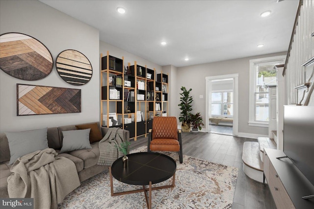 living room featuring dark wood-type flooring