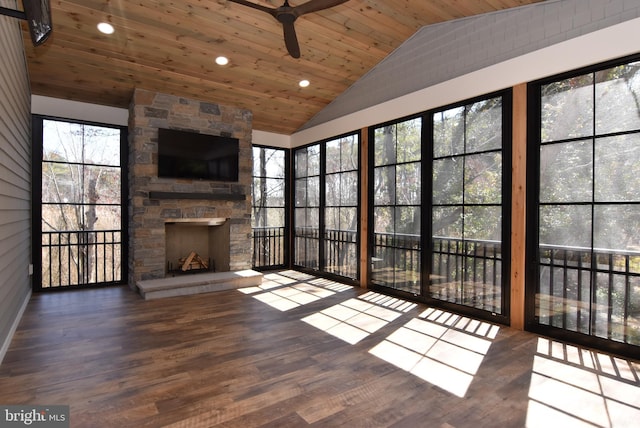20682 Maple St, Rehoboth Beach, DE 19971 - unfurnished sunroom with high vaulted ceiling, wooden ceiling, wood finished floors, and recessed lighting