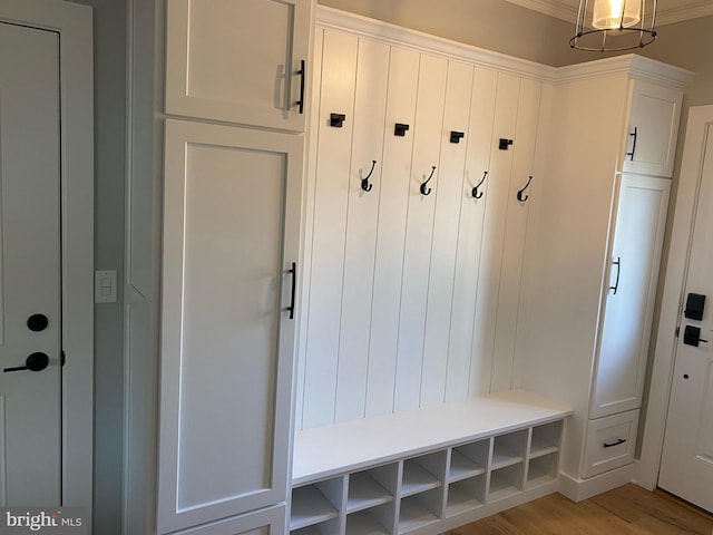 mudroom featuring light hardwood / wood-style flooring and ornamental molding