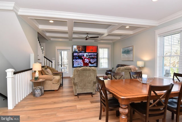 dining space with light wood-type flooring, a healthy amount of sunlight, and coffered ceiling