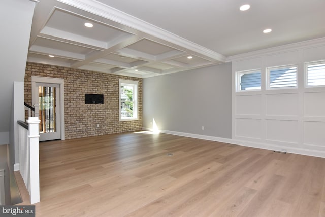 20682 Maple St, Rehoboth Beach, DE 19971 - unfurnished living room featuring brick wall, beam ceiling, light wood-style floors, coffered ceiling, and recessed lighting