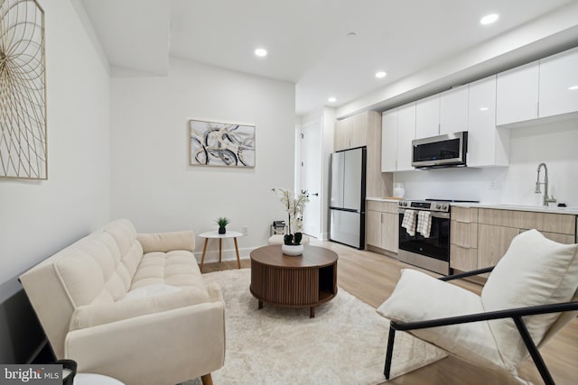 living room with light wood-type flooring and sink