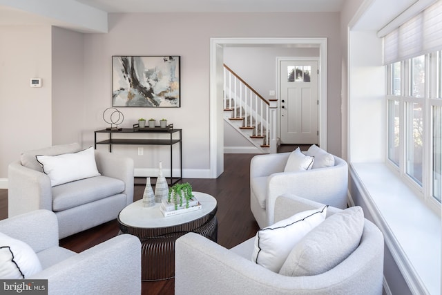 living room with dark wood-type flooring