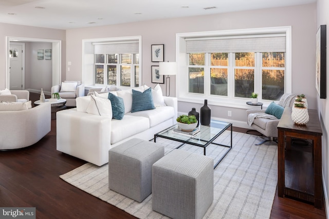 living room with dark wood-type flooring and a wealth of natural light