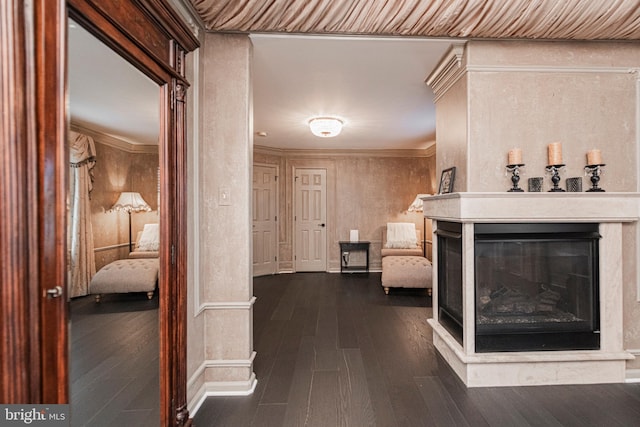 hall featuring dark hardwood / wood-style floors and ornamental molding