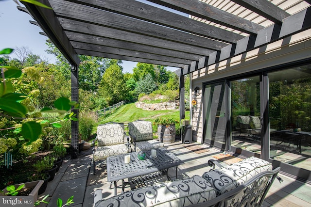 view of patio with a pergola and outdoor lounge area