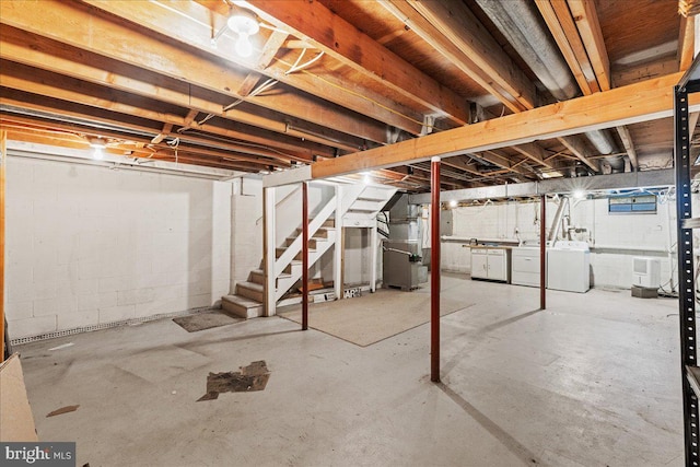 1964 E Oak Rd Unit N2, Vineland, NJ 08361 - unfinished below grade area featuring independent washer and dryer, stairway, heating unit, and concrete block wall