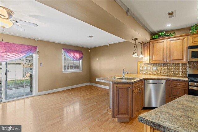 1964 E Oak Rd Unit N2, Vineland, NJ 08361 - kitchen with appliances with stainless steel finishes, a sink, brown cabinets, a peninsula, and backsplash