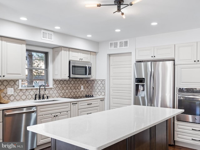 kitchen with backsplash, stainless steel appliances, sink, white cabinets, and a kitchen island