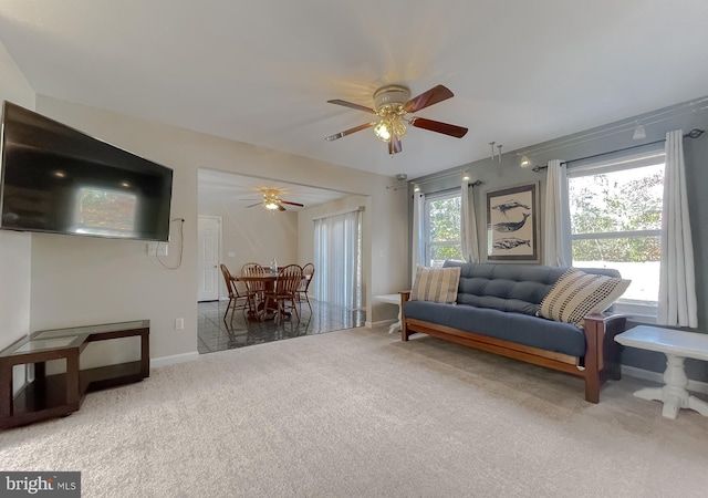 living room featuring ceiling fan and carpet floors