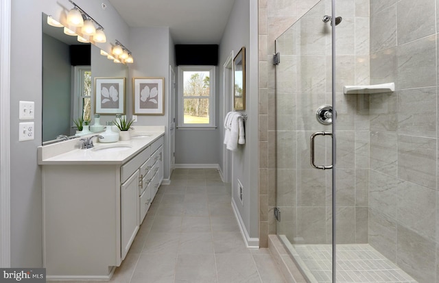 bathroom featuring tile patterned flooring, vanity, and walk in shower