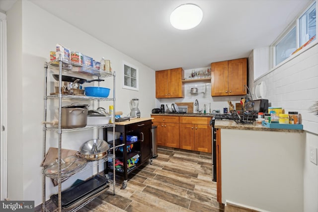 kitchen featuring decorative backsplash, wood-type flooring, and sink