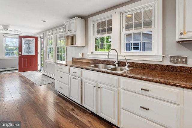 kitchen featuring a wealth of natural light, white cabinetry, sink, and dark hardwood / wood-style floors