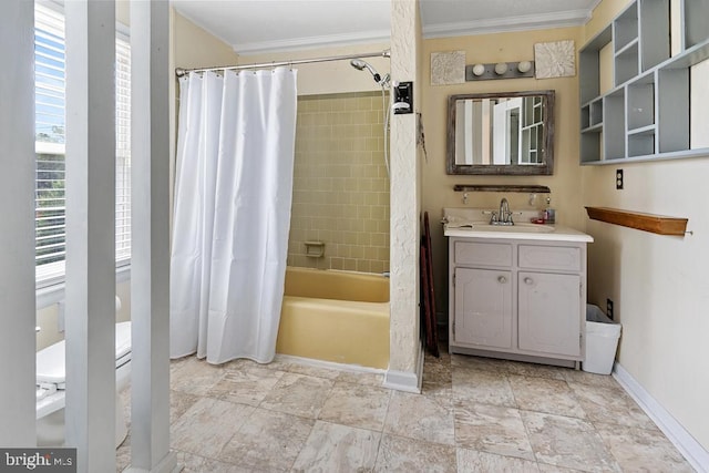 full bathroom with shower / bath combo, toilet, ornamental molding, and vanity