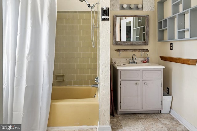 bathroom with vanity and shower / bath combo with shower curtain