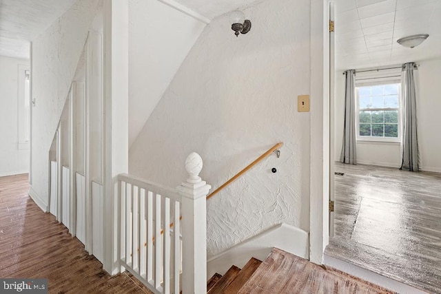 stairs with lofted ceiling and hardwood / wood-style flooring