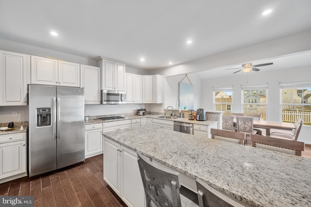 kitchen with sink, white cabinetry, stainless steel appliances, and dark wood-type flooring