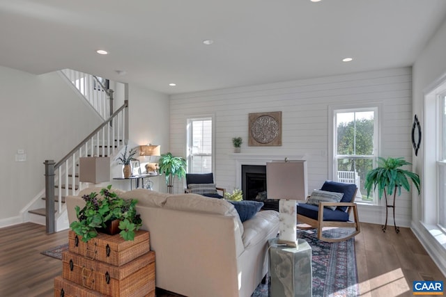 living room with dark hardwood / wood-style floors