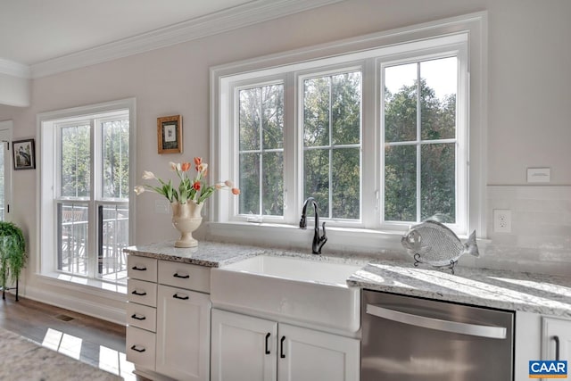 kitchen featuring dishwasher, light stone countertops, and a healthy amount of sunlight