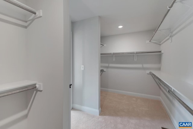 walk in closet with light carpet