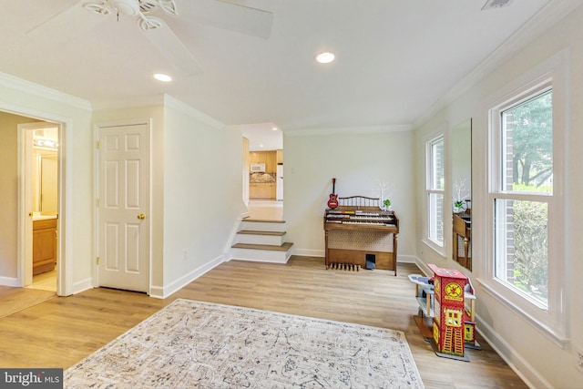 playroom featuring ornamental molding, a healthy amount of sunlight, and hardwood / wood-style flooring