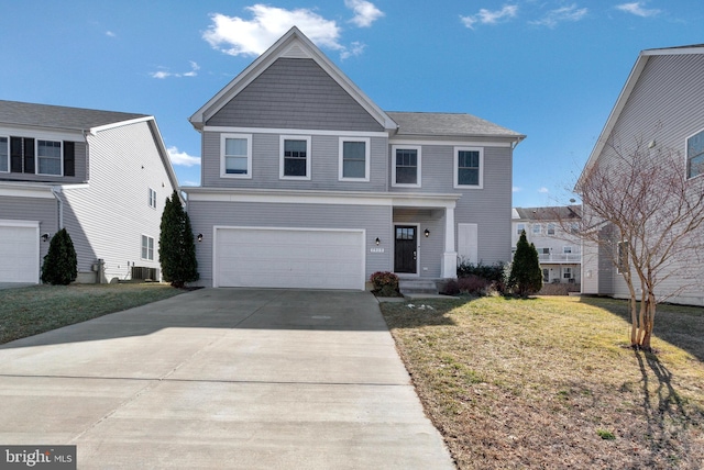 view of front of property with driveway, central air condition unit, an attached garage, and a front lawn