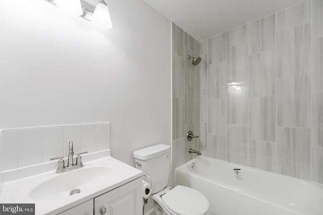 full bathroom featuring vanity, backsplash, shower / bathtub combination, and toilet