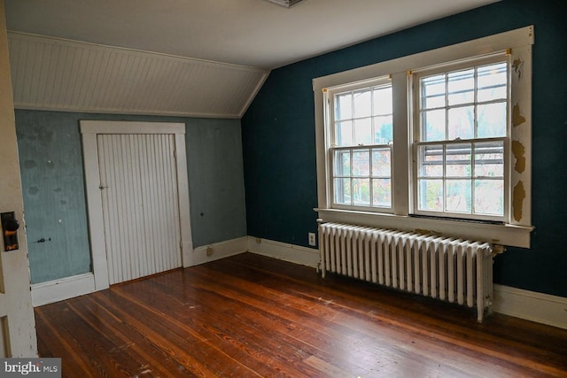 additional living space featuring radiator, dark wood-type flooring, and lofted ceiling