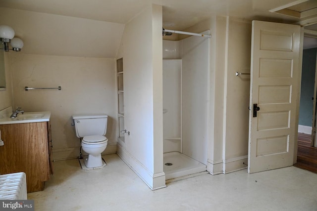 bathroom with vanity, toilet, walk in shower, and concrete floors