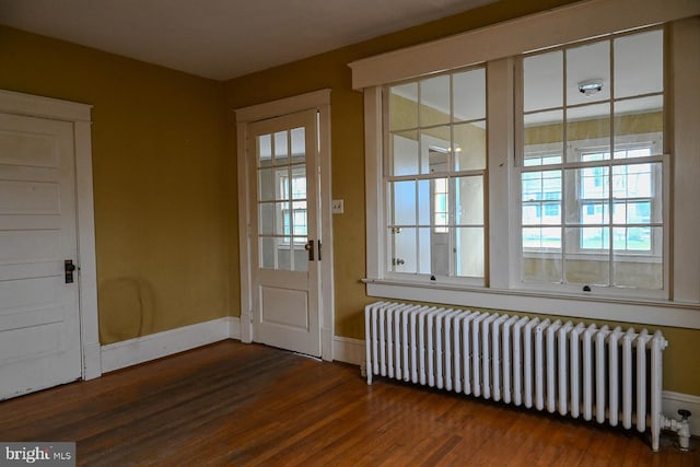 doorway to outside featuring radiator heating unit and dark wood-type flooring